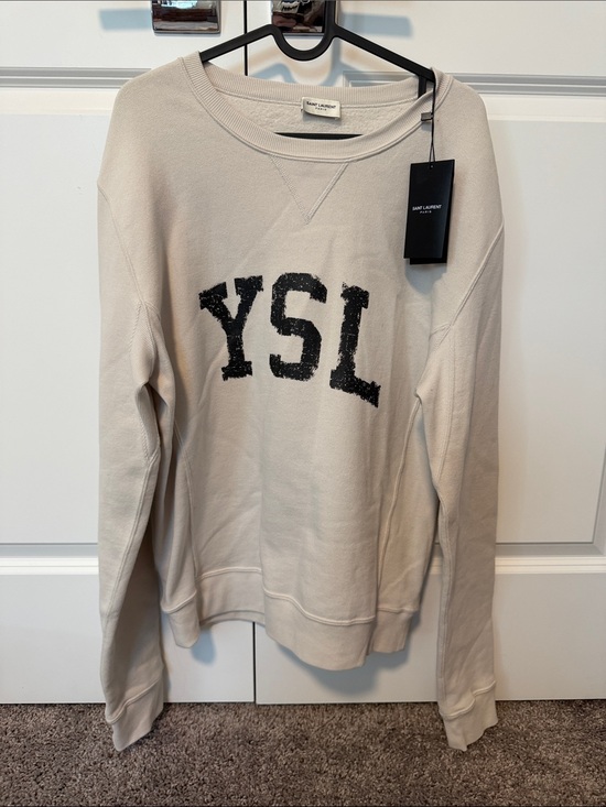 Saint Laurent Tops - Saint Laurent Cream Crewneck Sweatshirt with Distressed Black YSL Logo